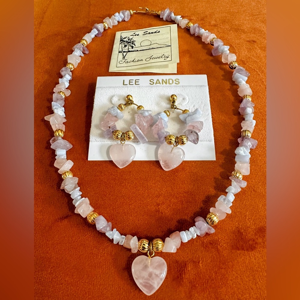 New Vintage Lee Sands Genuine Gemstone Amethyst Quartz Agate Heart Necklace Set